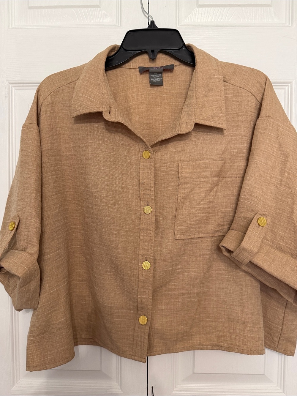 Olivia and Martin Womens Relaxed Cropped Button-Up Shirt in Camel Brown